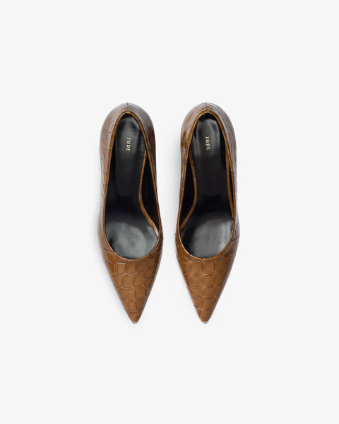 Blade Pump in Brown Croc Embossed Leather