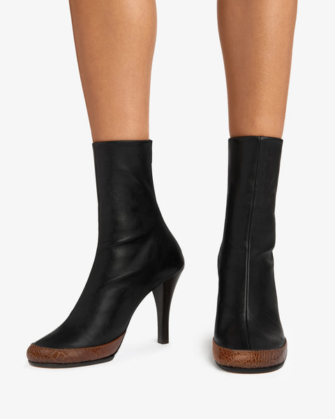 Luna Ankle Boot Black Stretch and Tan Croc Embossed Leather