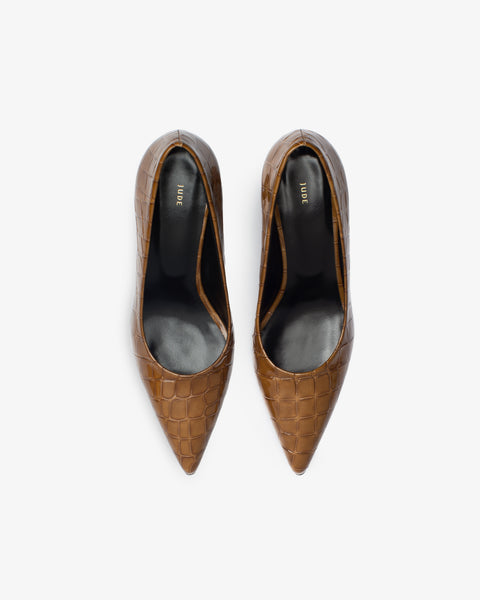 Blade Pump in Brown Croc Embossed Leather